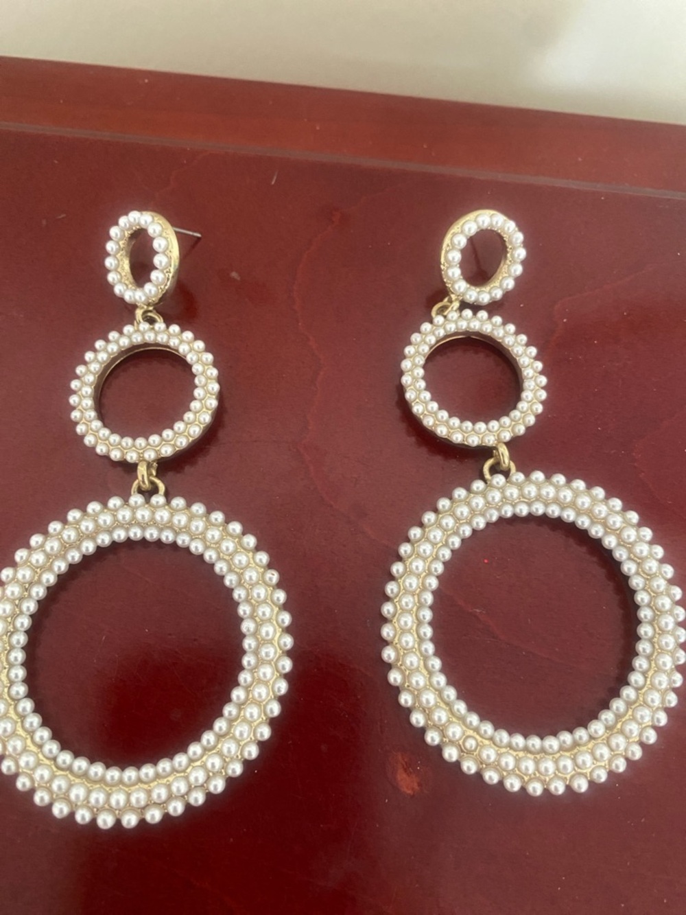Pearl Beaded Triple Circle Drop Earrings - White